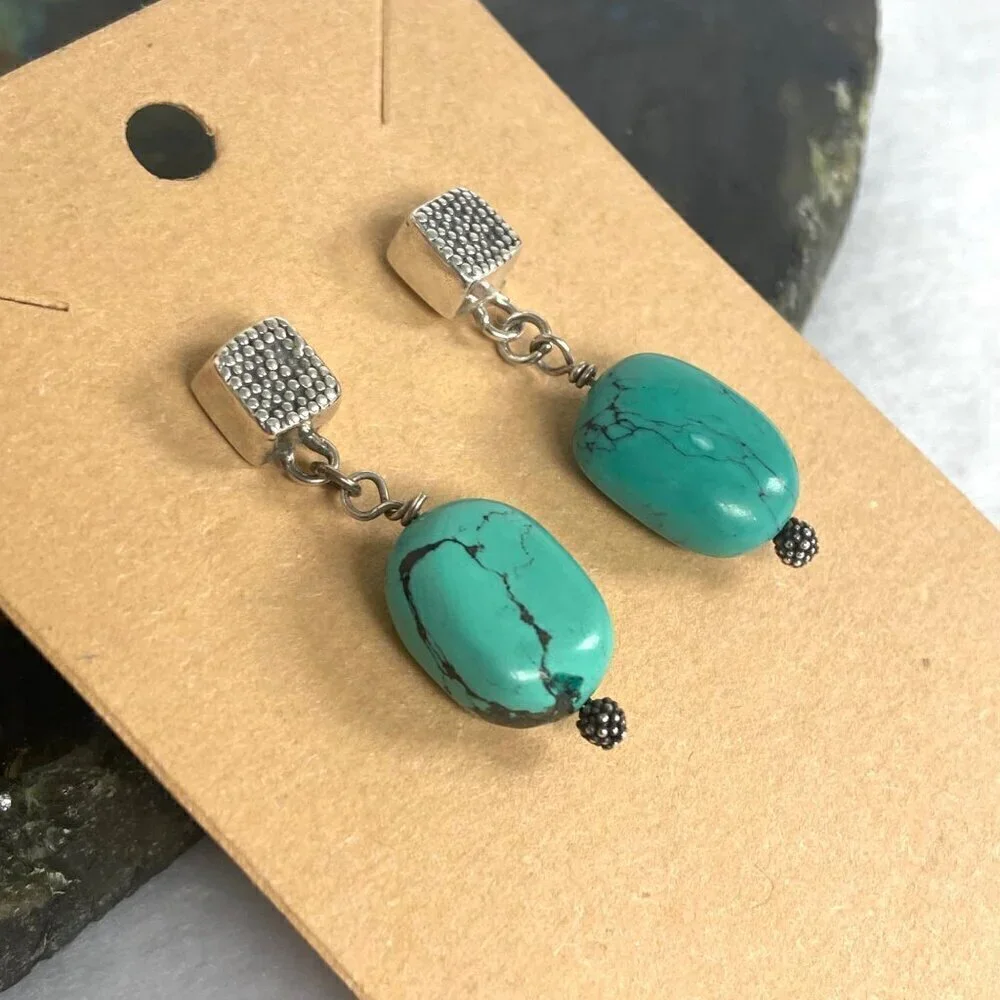 Sterling Silver 925 Southwest Style Beaded Turquoise Square Stud Dangle Earrings